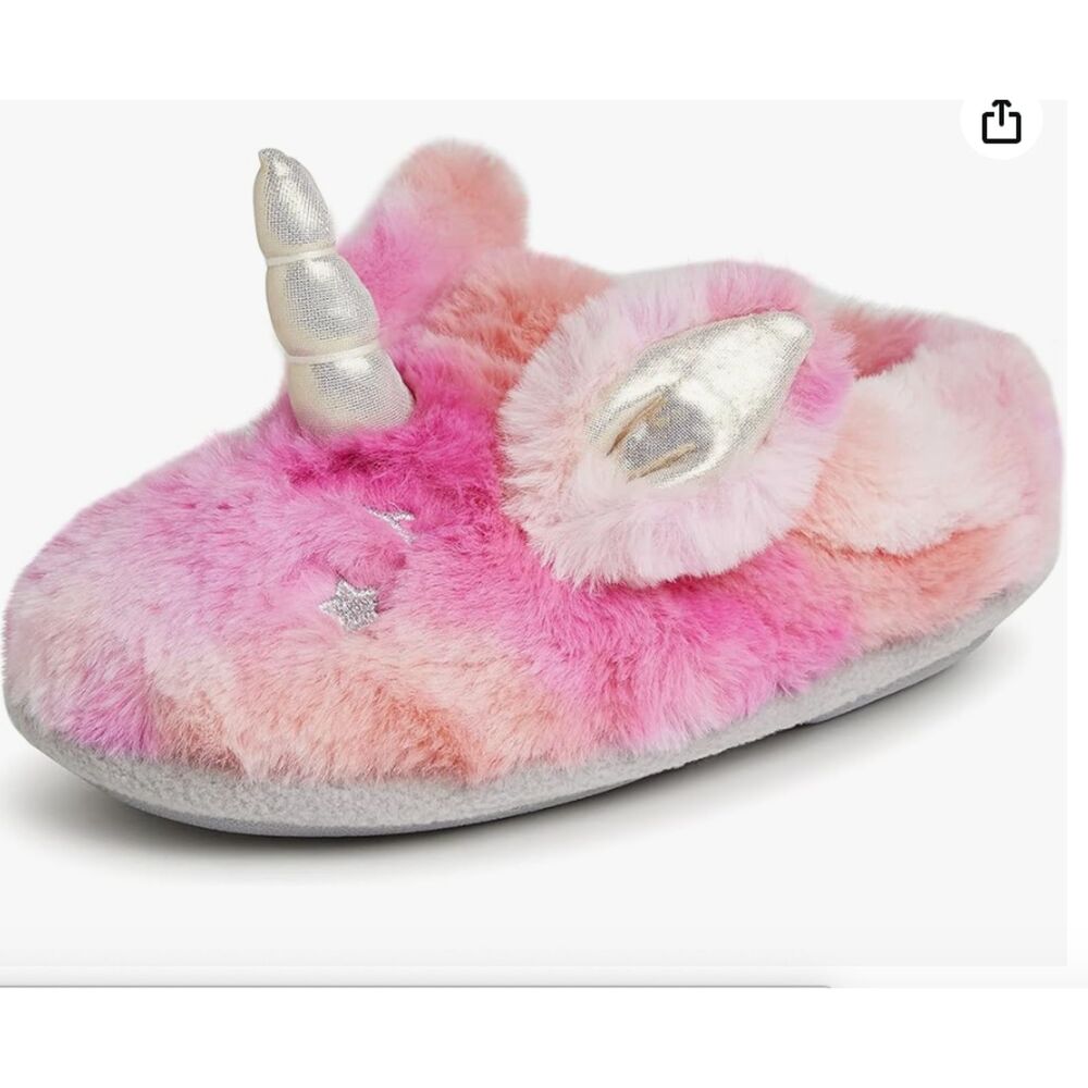 Dearfoams NWT Kids Pink Tie Dye Unicorn Slip On Slippers 2-3